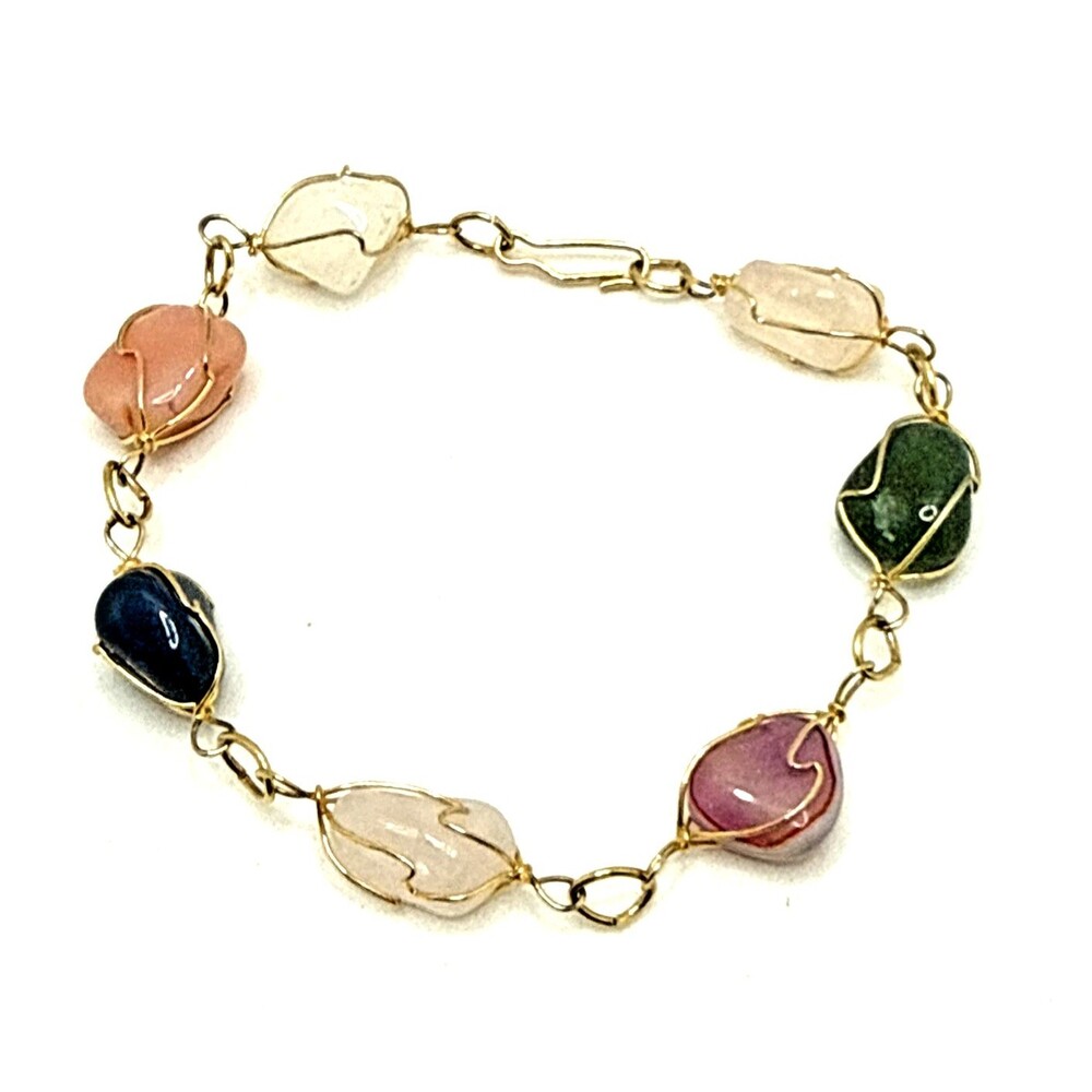 Vintage Wire Wrapped Natural Stone Bracelet Multicolor Cased Polished Boho 8"